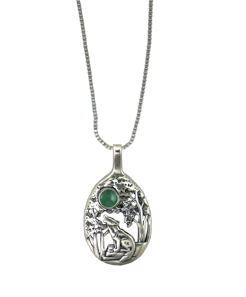 Sterling Silver Howling Wolf Pendant With Jade